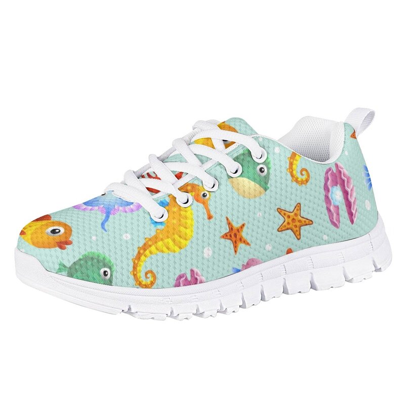 Teen Girls Boys Casual Lace Up Sneakers Light Small Size Children Flat Shoes Underwater Animals Cartoon Pattern Walk Sneakers