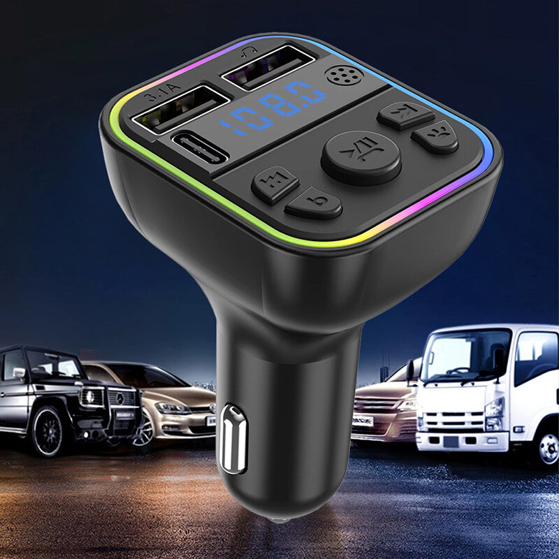 Dual USB Type-C Car Charger FM Transmitter Bluetooth 5.0 MP3 Player RGB Atmosphere Lamp Charging Hands-Free FM TF Card U Disk