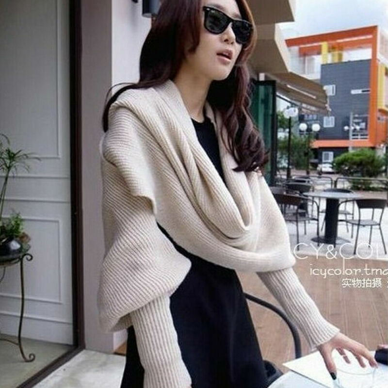 Sweater rajut wanita, 10 warna atasan syal dengan pembungkus lengan musim dingin, syal selendang hangat