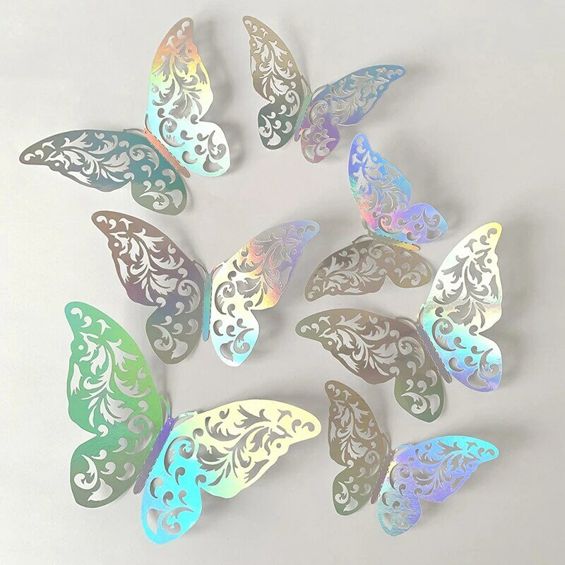 3D Hollow Butterfly Wall Sticker, Colorful Silver Butterflies, Handmade Balão Decoração, DIY Birthday Festival Party, 12Pcs