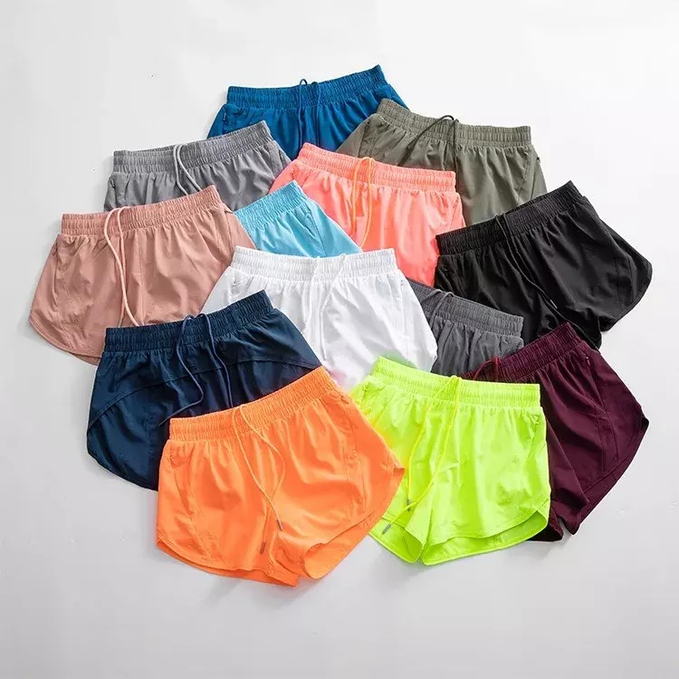 Shorts de malha de limão feminino, tendência esportiva feminina, cintura alta, corrida na academia, duas calças falsas, roupas de treinamento, 2022