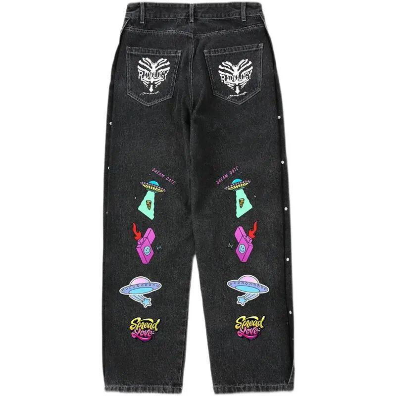 Celana panjang Denim hitam pria, celana panjang kargo ukuran besar motif kartun grafiti longgar kaki lebar, celana jins jalanan Hip Hop Punk untuk pria