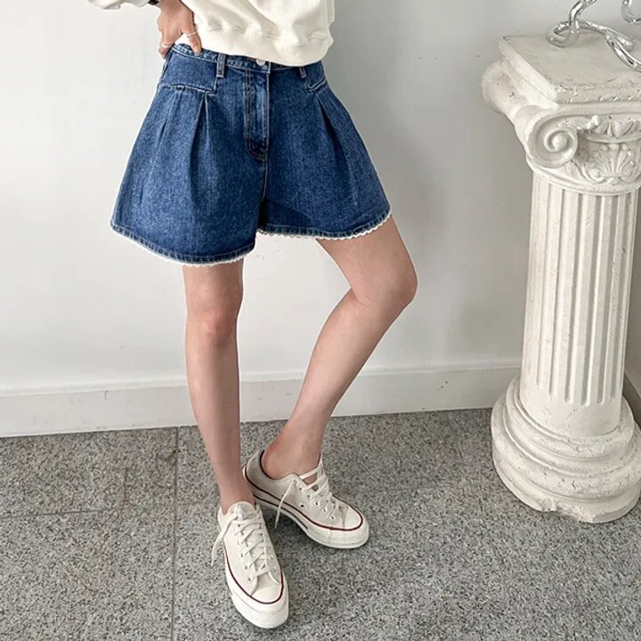 Chique Kanten Denim Shorts Streetwear Dames Casual Los Voor Koreaanse Dames Hoge Taille Jeans Kort 2024 Zomer N906a