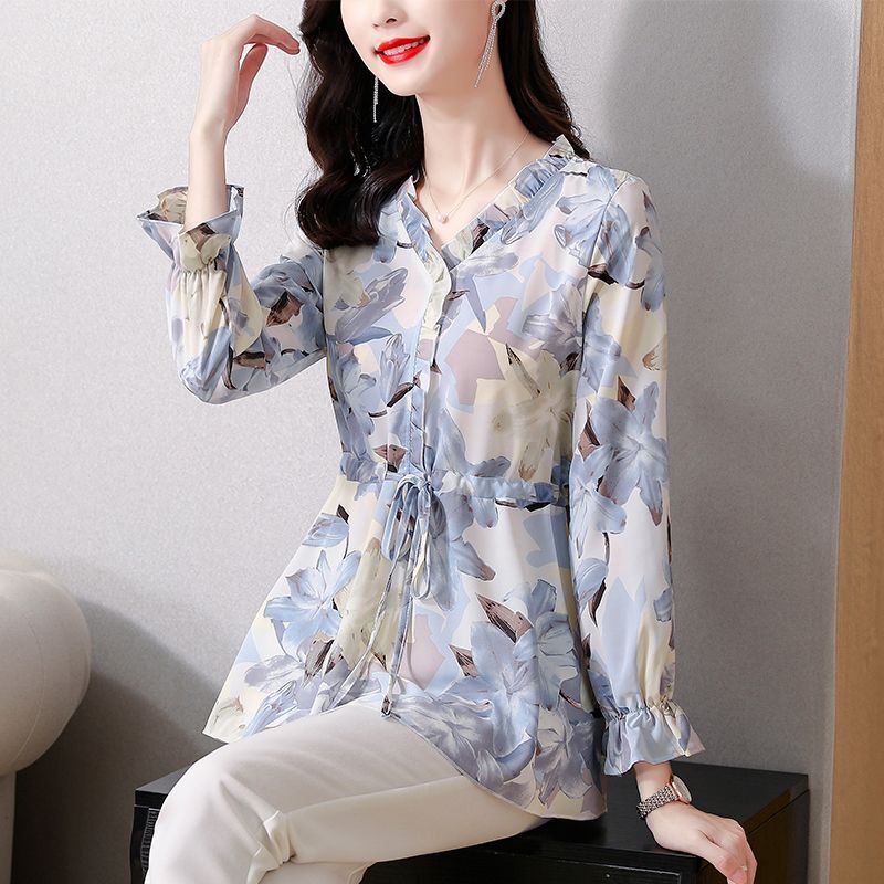 Styl wiejski kwiatowy bluza z nadrukiem wiosna jesień elegancka damska odzież z dekoltem w szpic szczupła moda swobodna koszula ze sznurkiem