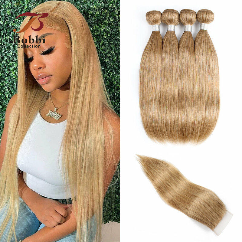 Straight Bundles with Closure Transparent 4x4 Lace Remy Human Hair Weave Extension Color 27 Honey Blonde Bobbi Collection