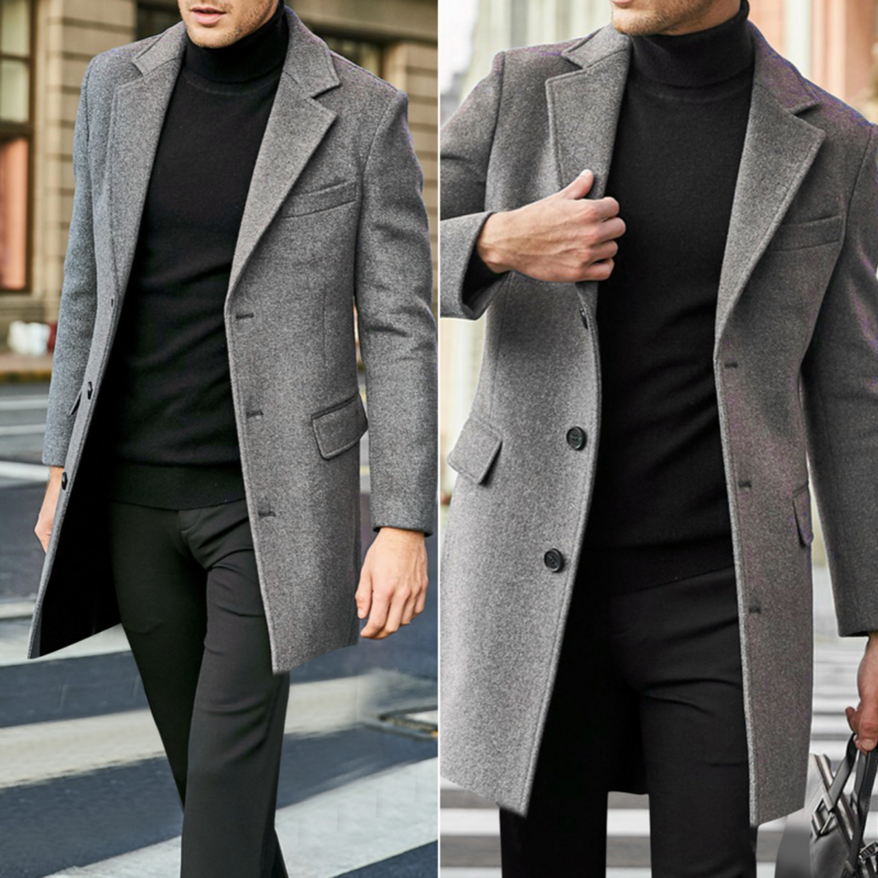 Jaqueta corta-vento de peito único masculina, casaco longo, monocromático, roupa casual, trincheira designer, espessura regular, inverno