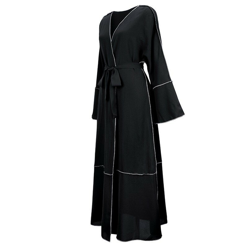 Gaun Muslim baru musim gugur wanita 2024 dengan sabuk terbuka Kaftan Dubai Abaya trifkiye Cardigan set pakaian Muslim