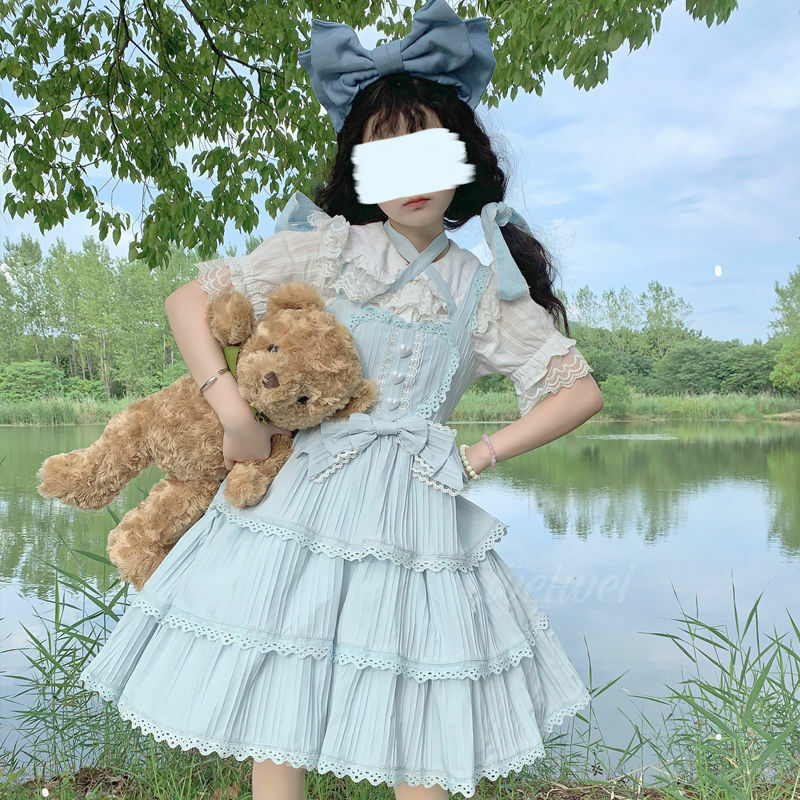 Japońska Lolita JSK koronkowe falbany księżniczka sukienka dla kobiet Kawaii księżniczka sukienka słodka sukienka bez rękawów letnia sukienka Cosplay