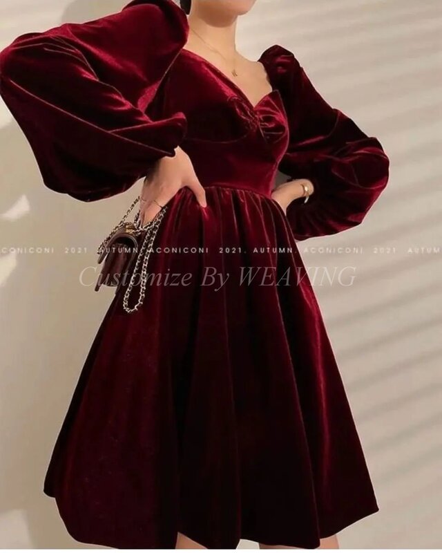 Vestidos de Fiesta de terciopelo rojo oscuro, manga larga, escote corazón hasta la rodilla, vestido de noche árabe para mujer