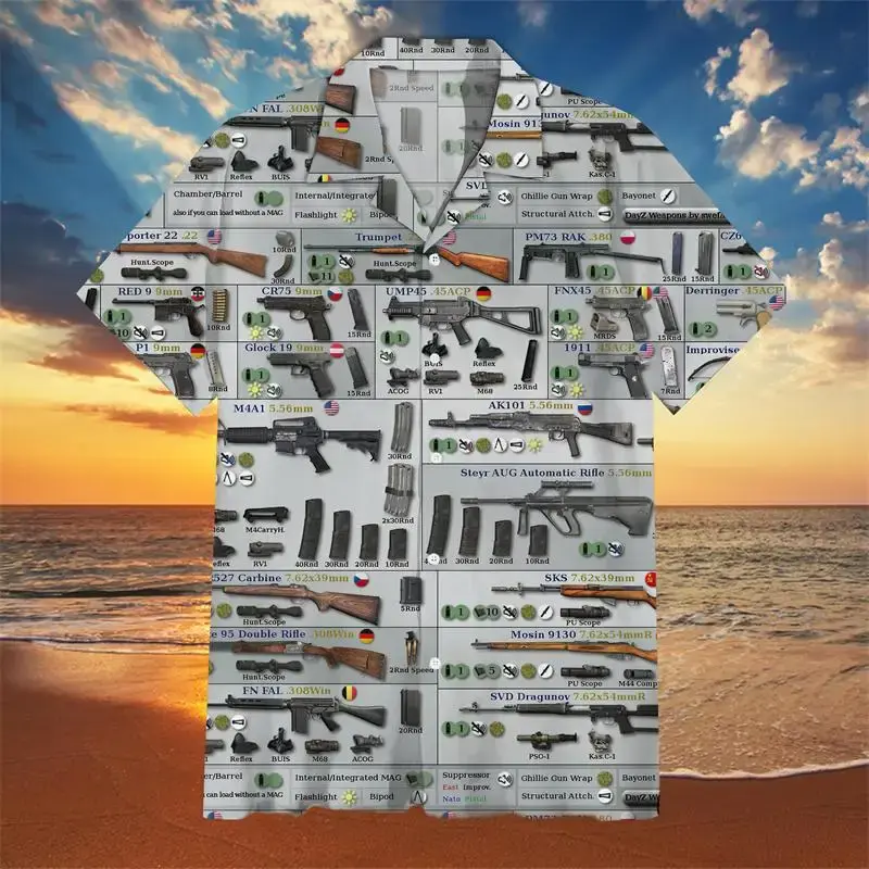 Koszula hawajska dla mężczyzn pistolet graficzny t-Shirt 3d koszula z nadrukiem na plażę styl wakacyjny T-shirt męski odzież uliczna obszerna koszula