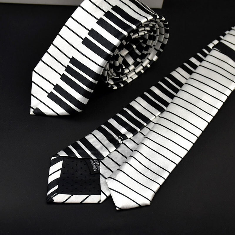 Gravata de teclado de piano preto e branco masculino clássico magro gravata de música