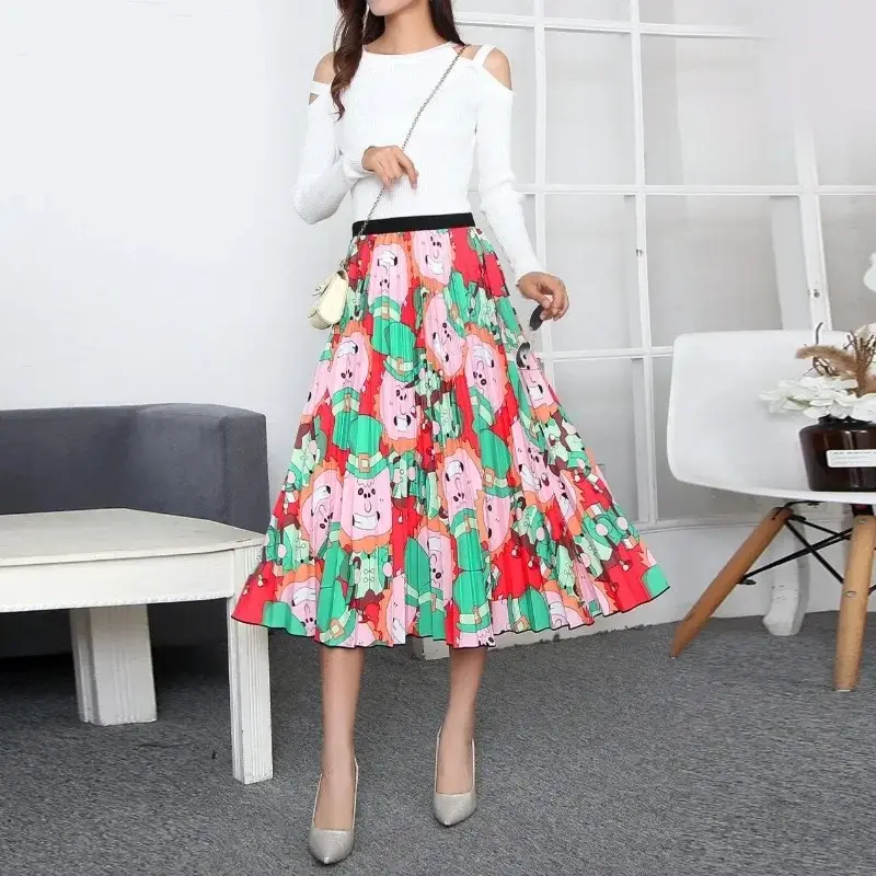 Rok lipit motif bunga kartun Europen mode baru musim semi 2024 rok Midi kasual A-line elegan rok panjang Harajuku Y2k