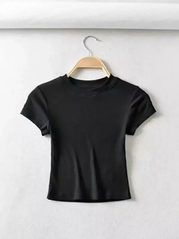 T-shirt de manga curta para mulher, top de colar redondo, fina e elástica, sexy, luxo, verão, 27usd