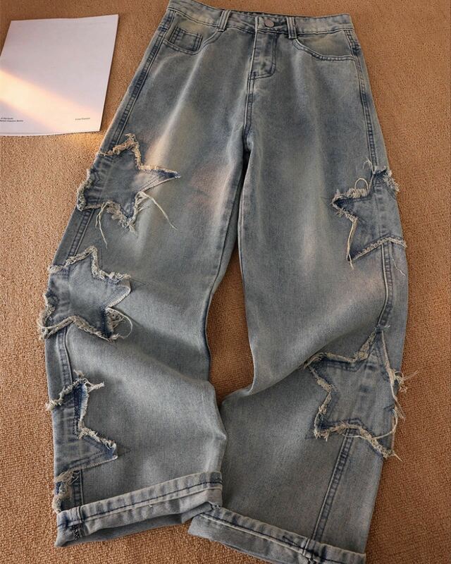 Y 2K Broek Hiphop Fashion Star Grafische Patch Jeans Met Hoge Taille Rechte Retro Baggy Jeans Dames Nieuwe Streetwear Met Wijde Pijpen