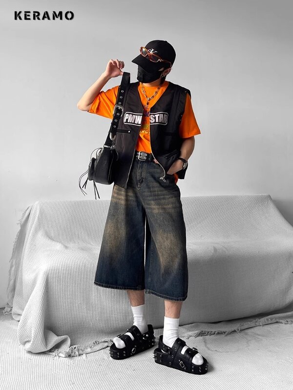 Amerykański Retro proste spodenki z wysokim stanem 2024 wiosenne Grunge kieszenie Hip-hopowe spodenki damskie casualowe Y2K Streetwear jeansowe spodnie