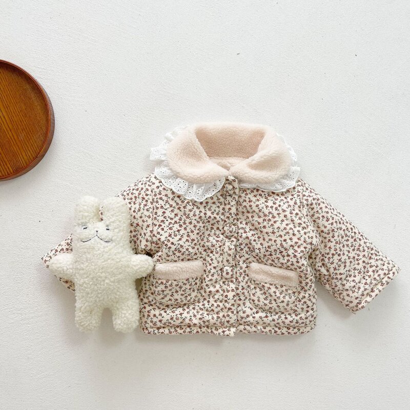 Bebê meninas adorável calor inverno único-breasted floral velo casacos de algodão criança therme casacos roupa infantil topos 0-36 meses