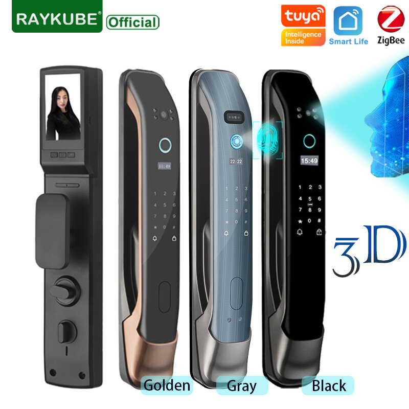 RAYKUBE DF3 3D Eletronic Zigbee Kunci Pintu Pengenalan Wajah Tuya Sidik Jari Biometrik Kunci Pintu Pintar dengan Lubang Intip Kamera