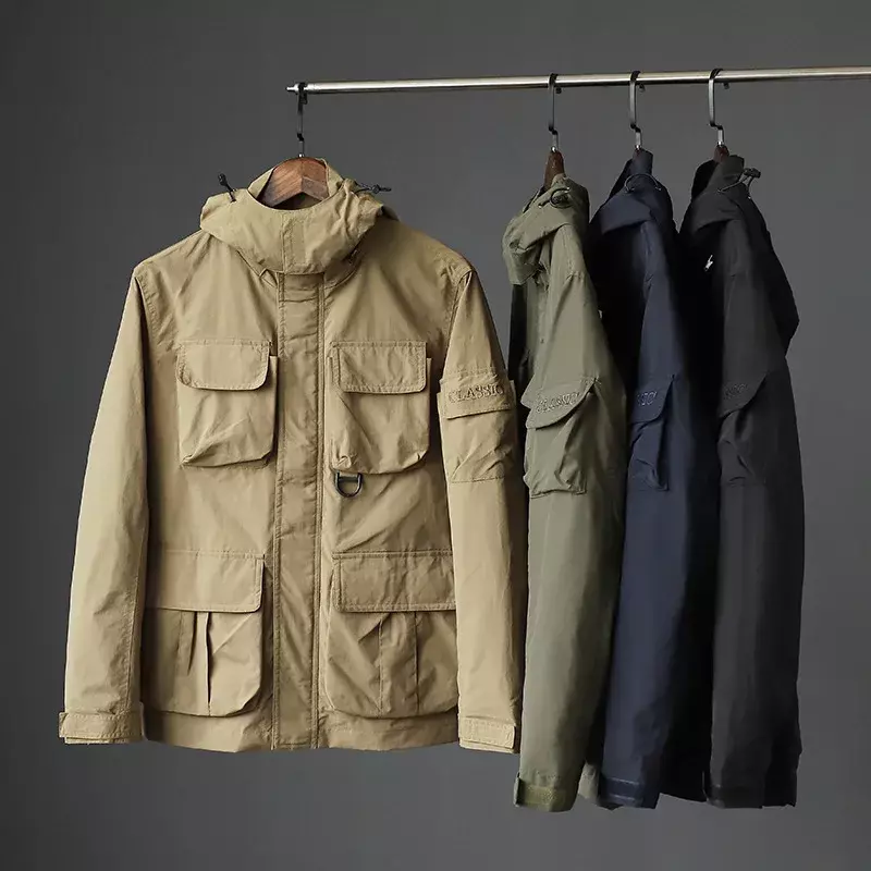 Cortavientos impermeable para hombre, chaqueta con capucha para deportes de ciclismo al aire libre con múltiples bolsillos, chaqueta táctica de carga, primavera 2024