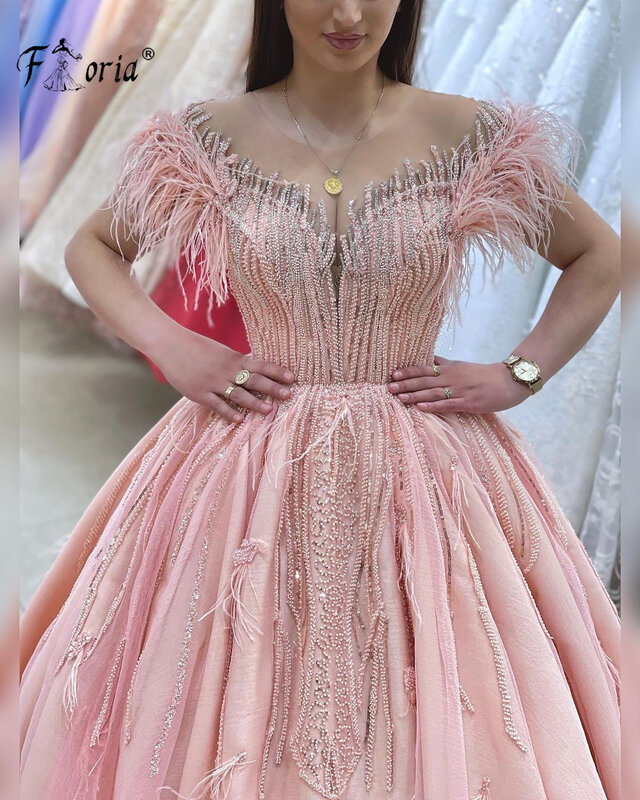 Blush rosa frisada vestido de noite formal, Luxo A Line, Pena, Pérolas, Vestido de festa de casamento, Custom Made, Plus Size