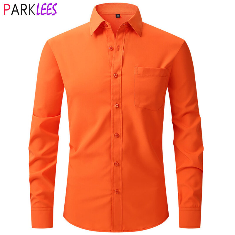 Camisa de vestir elástica naranja para hombre, camisa de manga larga con botones, ajuste Regular, sin arrugas, fácil cuidado, 2XL, 2023