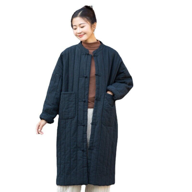 Jaket berlapis katun dan Linen wanita, jaket berlapis kapas kerah berdiri Tiongkok panjang setengah gesper gaya Tiongkok