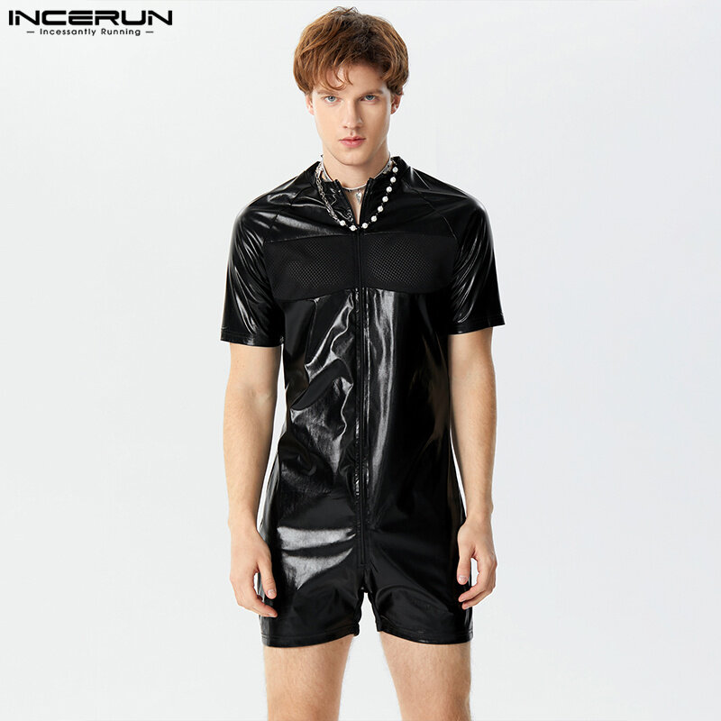 INCERUN-Falso couro malha patchwork macacão dos homens, macacões casuais, sólido curto mangas bodysuits, sexy bonito, S-3XL, 2022