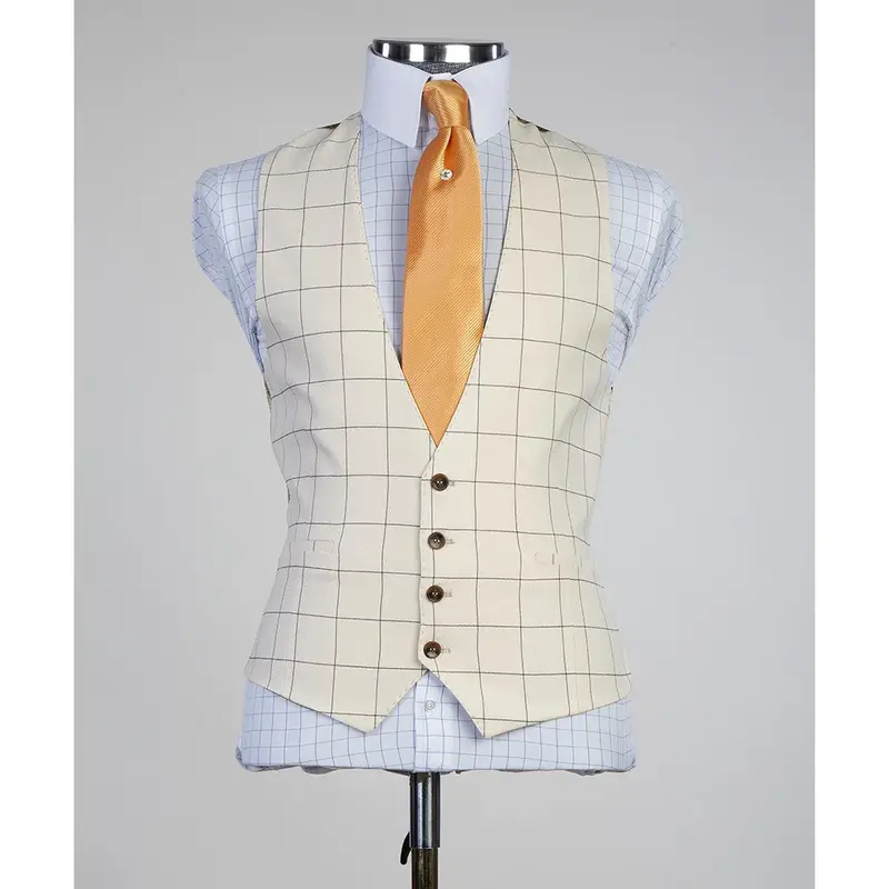 Fato fino xadrez marfim masculino, roupas de peito único, lapela de pico, colete e calça de escritório slim, luxo, chique, casual, 3 peças