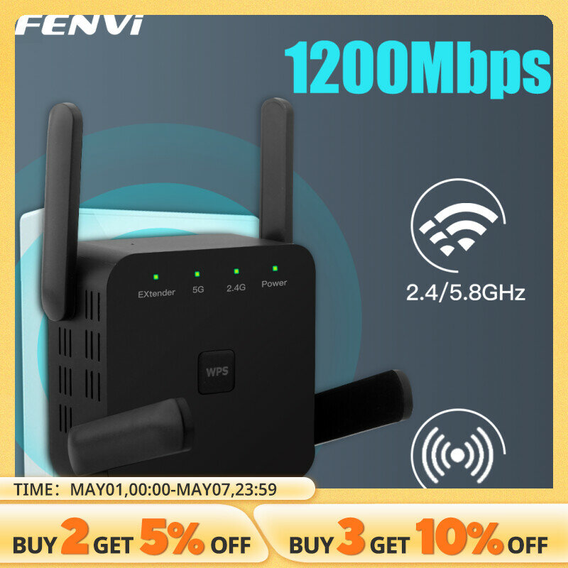 Fenvi ตัวขยายสัญญาณ WiFi AC1200 5GHz 1200Mbps ตัวขยายสัญญาณ WiFi สีดำ2.4G/5GHz Wi-Fi สนับสนุนสัญญาณเครือข่ายระยะไกล