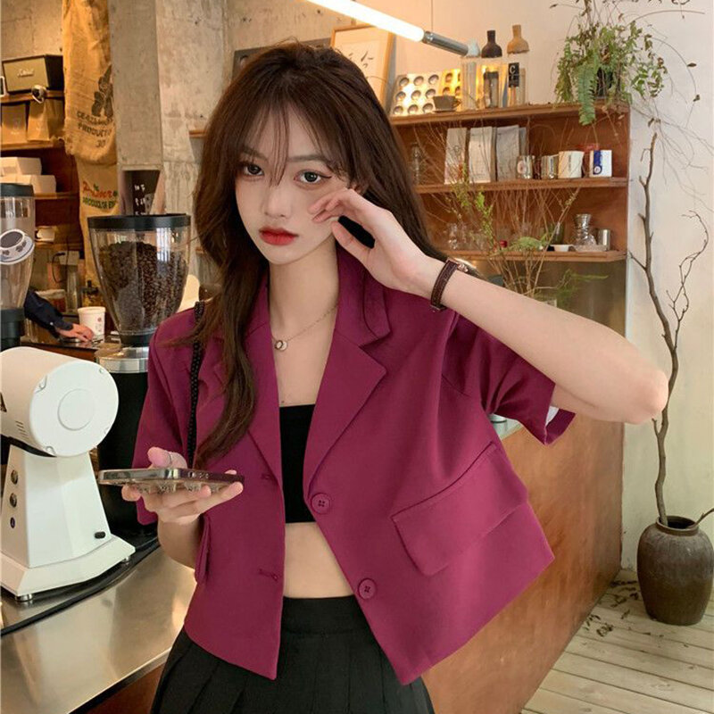 Blazers cortados estilo coreano para mulheres, mangas curtas finas, jaqueta de peito único, casacos de cor sólida, outwear verão, 2023