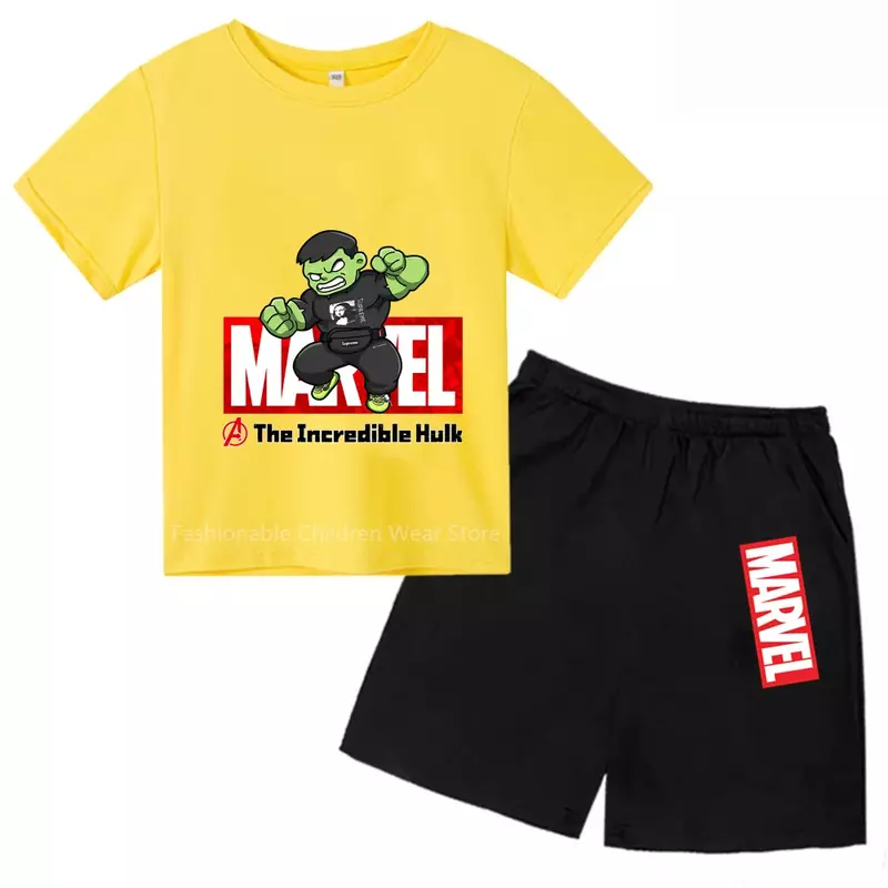 Fun Marvel Avengers Q-Edition Hulk Cartoon Kinder T-Shirt und Shorts Set-cool & modisch für die Freizeit im Freien