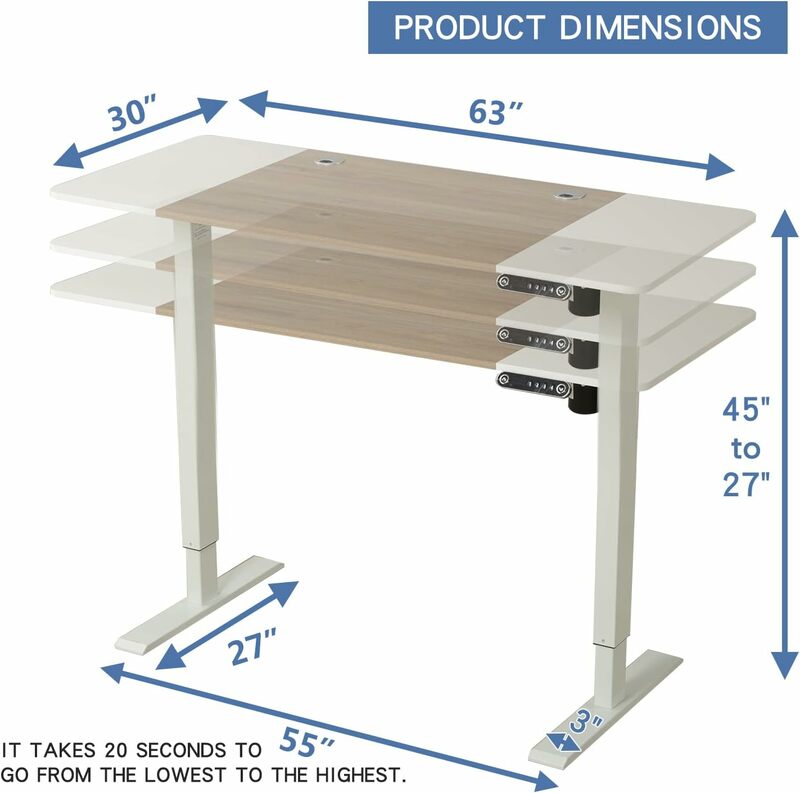 Meja berdiri listrik 63x30 inci, Meja duduk dengan tinggi dapat disesuaikan, papan sambatan, meja kantor rumah