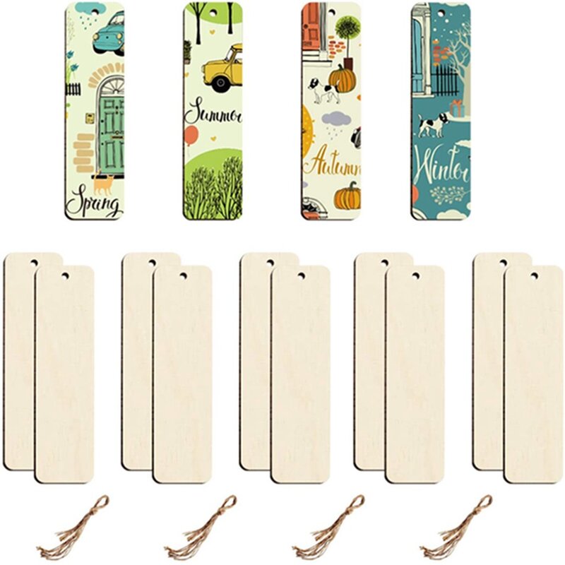 5Pcs Wood Bookmark Bulk Blank Originality Bookmarks Wooden Sign Unfinished Label Ornaments With Holes And Ropes DIY Crafts