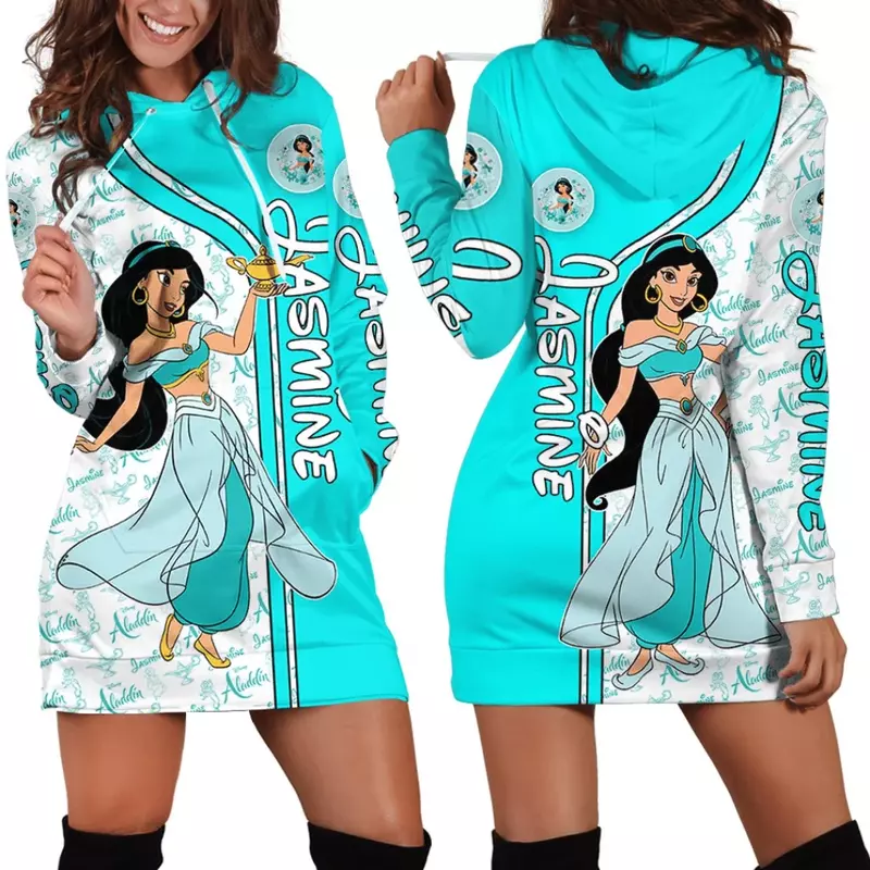2023 New Disney Jasmine Princess Hoodie Dress Sweater Fashion Disney Dress Sweatshirt Dress 3d Allover Printed Hoodie for Women