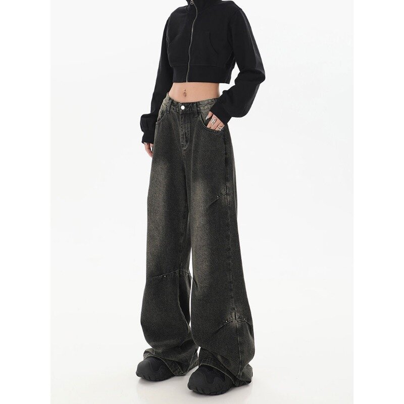 Deeptown Y2K Vintage schwarze Jeans Frauen Streetwear Baggy Denim Hosen weites Bein Harajuku koreanische Hose Goth Frühling Amerikaner
