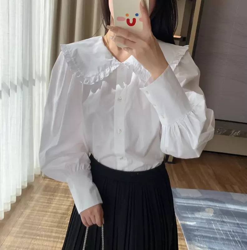 Женская белая рубашка с оборками и воротником «Питер Пэн», однобортная Повседневная Женская блузка с длинным рукавом