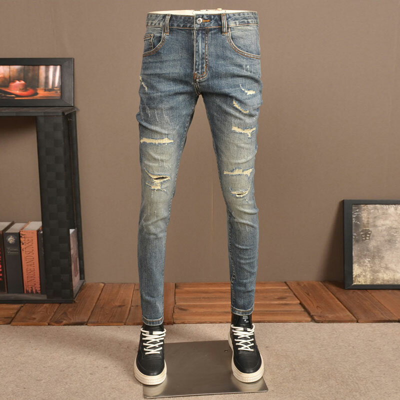 Moda Streetwear uomo Jeans retrò lavato blu elastico Slim Fit Jeans strappati uomo Vintage Designer pantaloni Casual in Denim Hombre