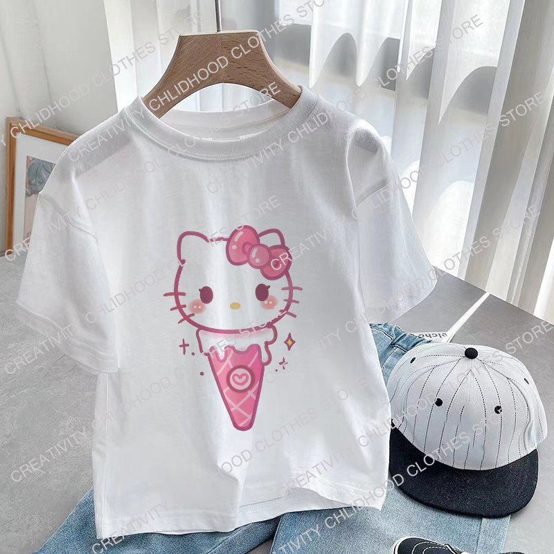 Sanrio T-shirt anak-anak kaus Kawaii Hello Kitty Cinnamoroll kartun pakaian kasual Anime kaus baju anak untuk anak perempuan