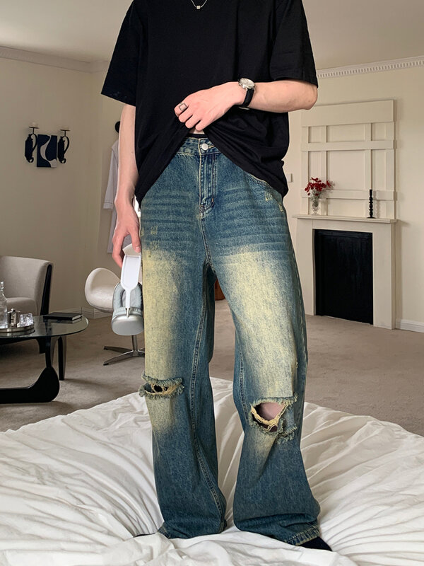 Hole Jeans Men Straight Loose High Waist All-match Washed Vintage Frayed Spring Summer Japanese Style Slouchy Handsome Harajuku