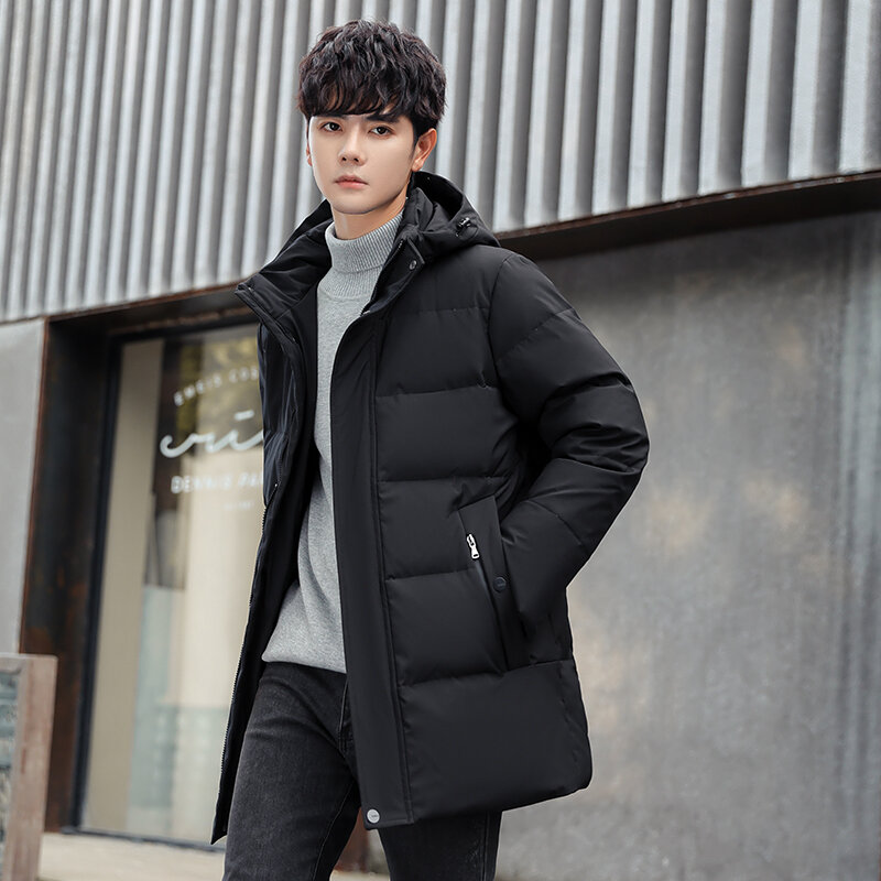 New 2023 Autumn Winter Men's Warm Long Solid Color Hooded Duck Down Jacket Outwear Loose Windproof Puffer Coat Thick Down Parkas