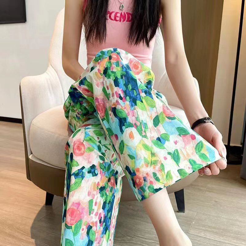 2024 Summer New Beach Pants Loose Wide-Leg Pant for Women Seaside Leisure INS High Waist Cropped Pant Straight Floral Trousers