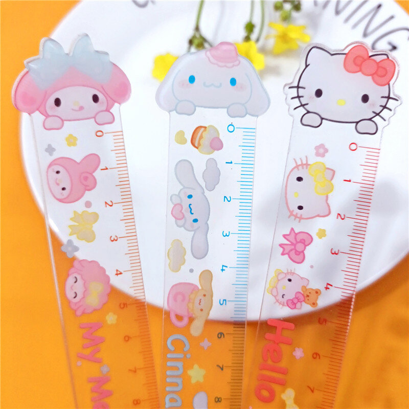 Sanrio penggaris My Melody Kuromi perlengkapan sekolah Hello Kitty transparan akrilik Kawaii tas pena kartun alat tulis Anime hadiah anak perempuan