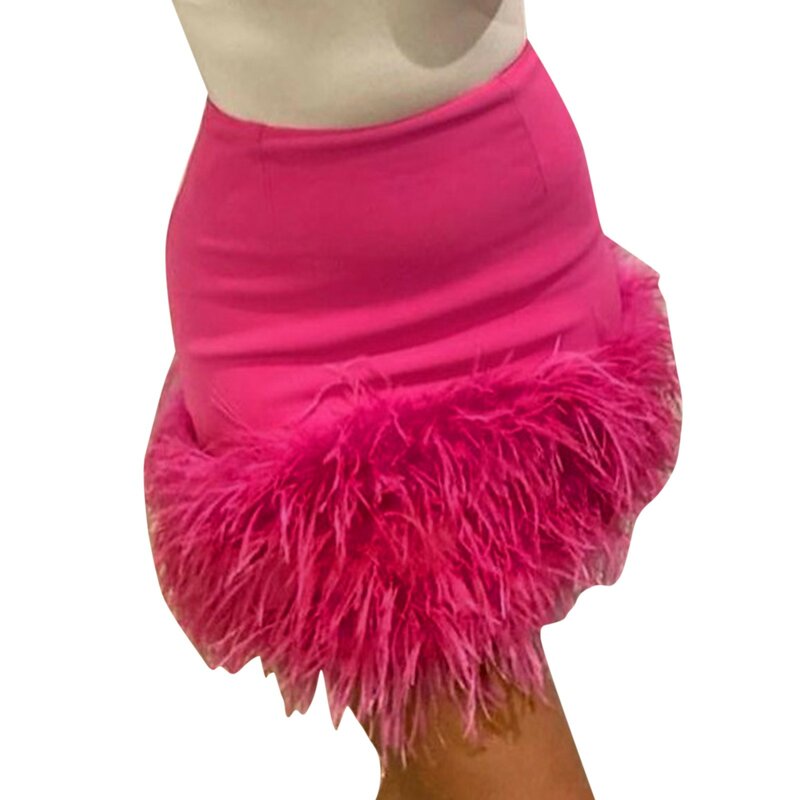 2024 Spliced Feather Skirt Women Elastic Waist Slim Short Style Sexy Solid Color New Fashion Versatile Female Clubwear Dresses