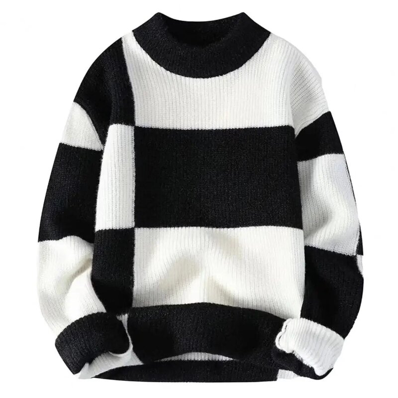 Men Autumn Winter Sweaters Retro Patchwork Color Knitted Pullovers O-neck Long Sleeve Warm Knitting Tops High Elastic Knitwear