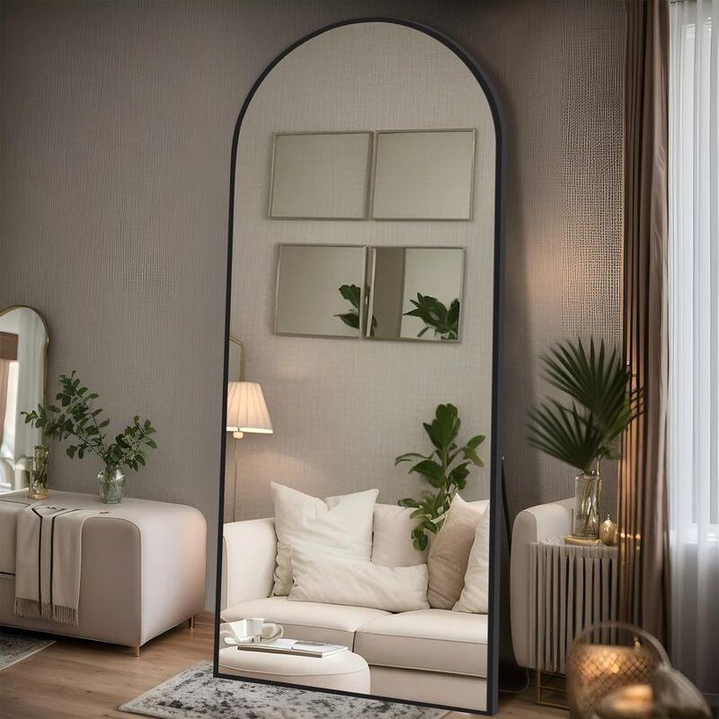 Espejo negro arqueado de longitud completa, montaje en pared/suelo, aluminio enmarcado, nanovidrio, cuerpo colgante, diseño elegante, sala de estar y dormitorio, 71 "x 30"