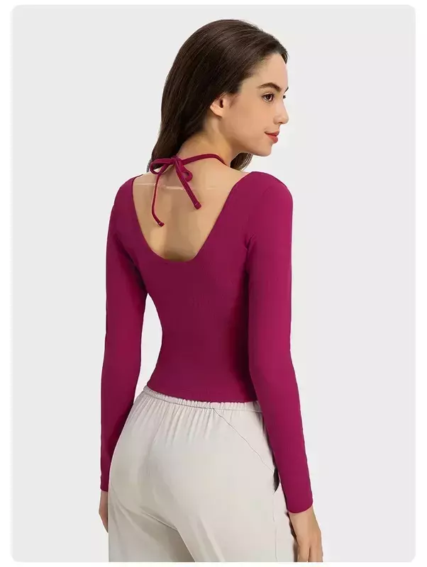 Chemise de yoga à manches longues et col licou pour femme, tissu de lit en forme de U, T-shirt de sport de fitness, haut de fitness, citron
