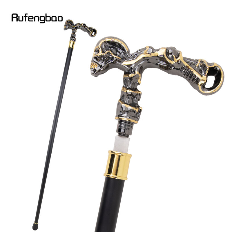 Golden Black Skull Single Joint Walking Stick with Hidden Plate Self Defense Fashion Cane Plate Cosplay Crosier Stick 93cm