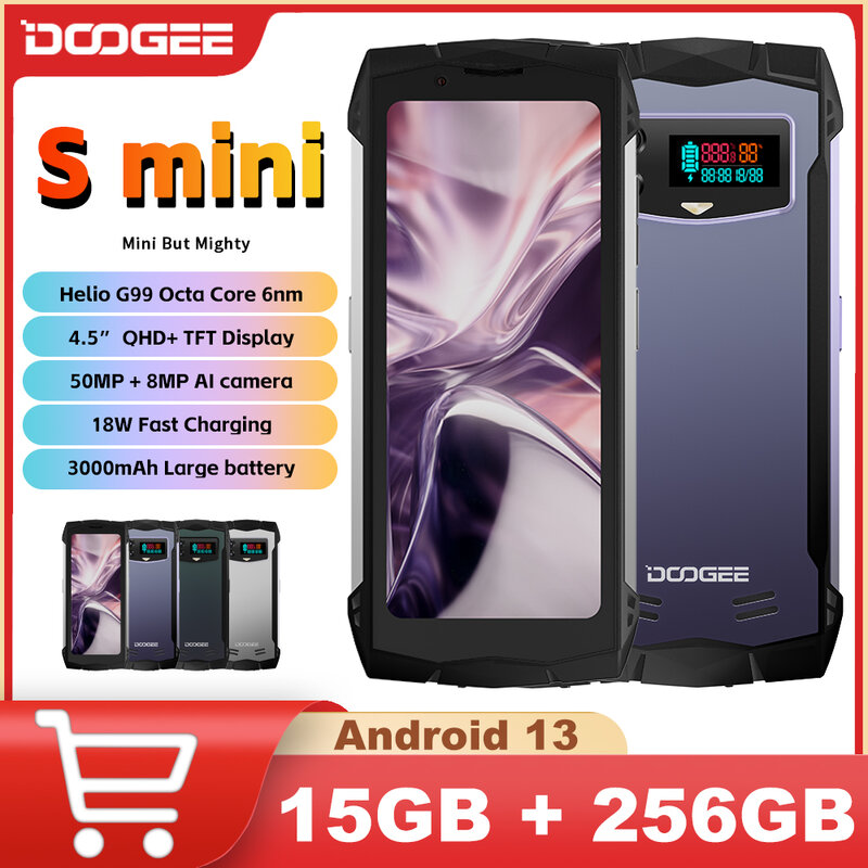 DOOGEE Smini Wytrzymały telefon 4,5-calowy wyświetlacz QHD 8 GB + 256 GB Kamera 50 MP Helio G99 4G 3000 mAh 18 W Szybkie ładowanie NFC Smartfon Android
