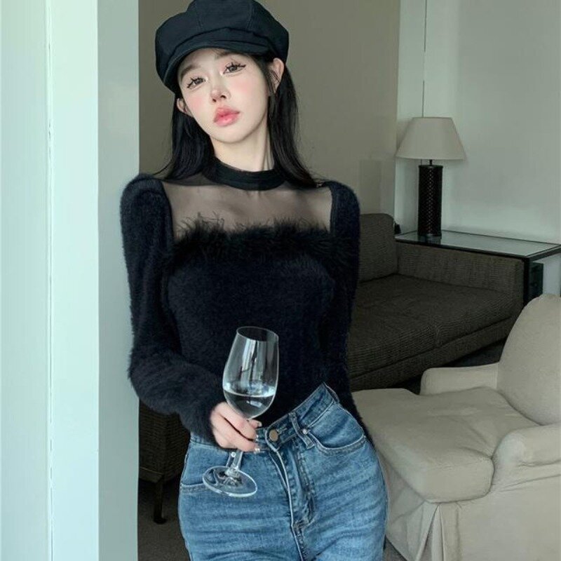 French High Patchwork Woolen Mesh Top Women Korean Half High Collar Fashion Soft Sweet Spicy Solid Slim Autumn Bottom Shirt