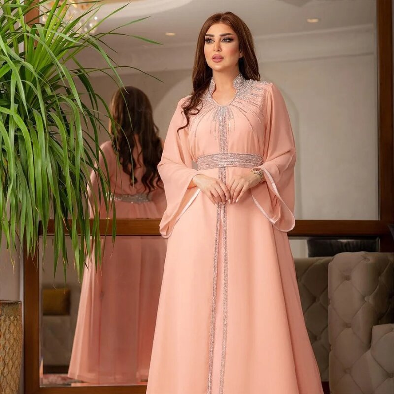 Luxury Diamonds Middle East Kaftan Arabic Robe Chiffon Dress Flare Long Sleeves Crystal Belt Fashion Muslim Jalabya Evening