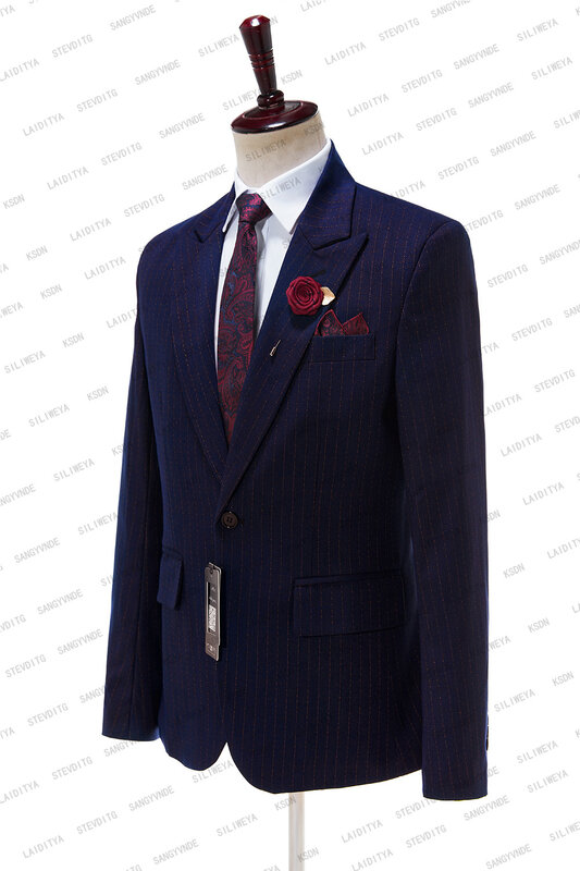 Conjunto de chaqueta y pantalón para hombre, traje ajustado a la moda, azul oscuro, rojo, raya, para fiesta de boda, 2023